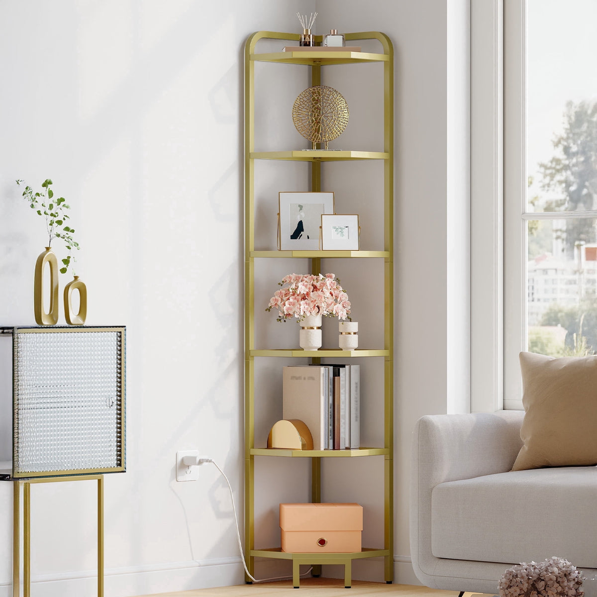 Corner Shelf 6-Tier with LED Lighting, Modern Glass Bookshelf Bookcase with Steel Frame for Living Room Bedroom Game Room, Gold
