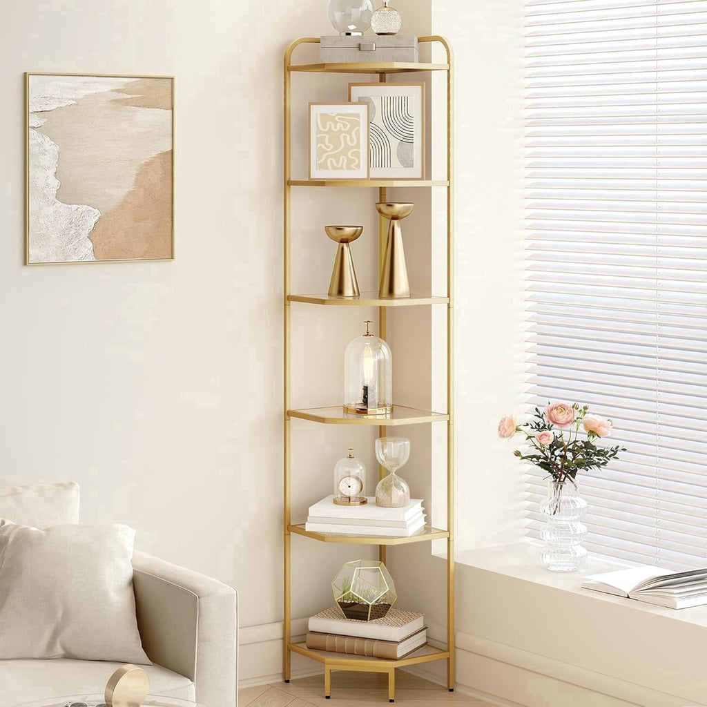 Corner Shelf Stand 6-Tier with Tempered Glass Shelves, Modern Glass Bookshelf Bookcase for Living Room Bathroom Kitchen, Gold