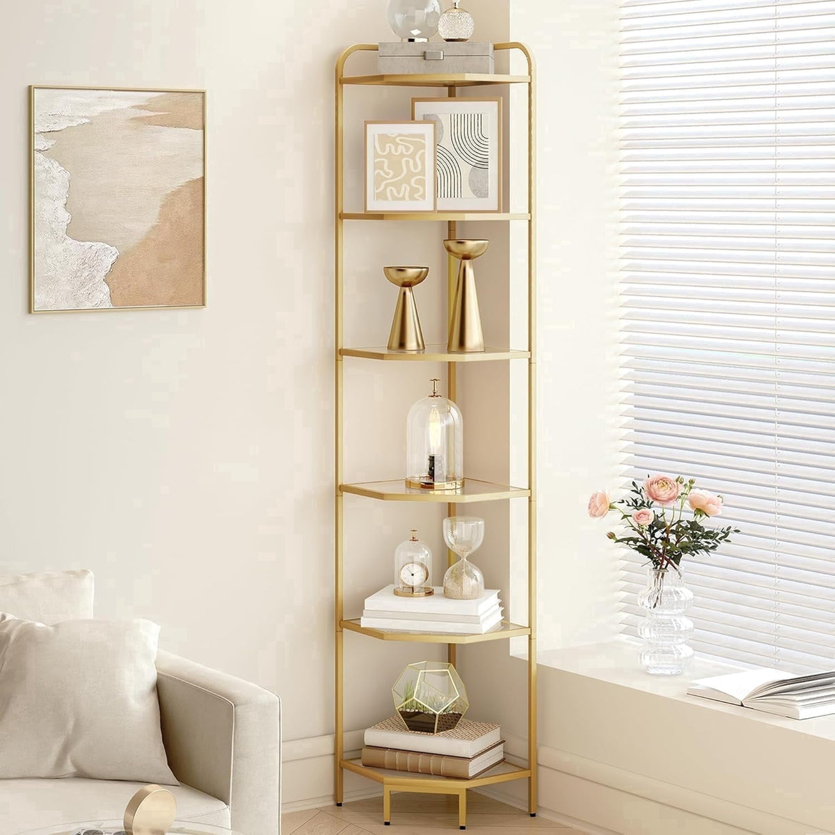 Corner Shelf Stand 6-Tier with Tempered Glass Shelves, Modern Glass Bookshelf Bookcase for Living Room Bathroom Kitchen, Gold