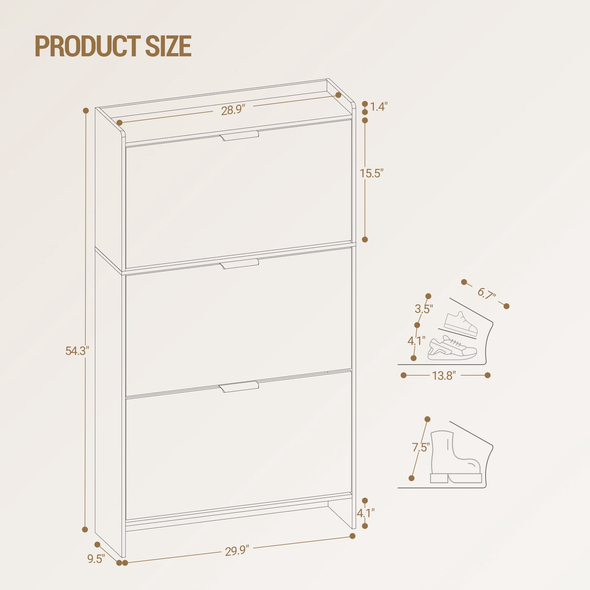 Hzuaneri 54.3" Tall Narrow Hidden Shoe Organizer, Freestanding Cabinet Featuring 3 Flip‑Top Drawers, Adjustable Shelves and Gold Handles, Stores 18‑24 Pairs, for Entryway, White
