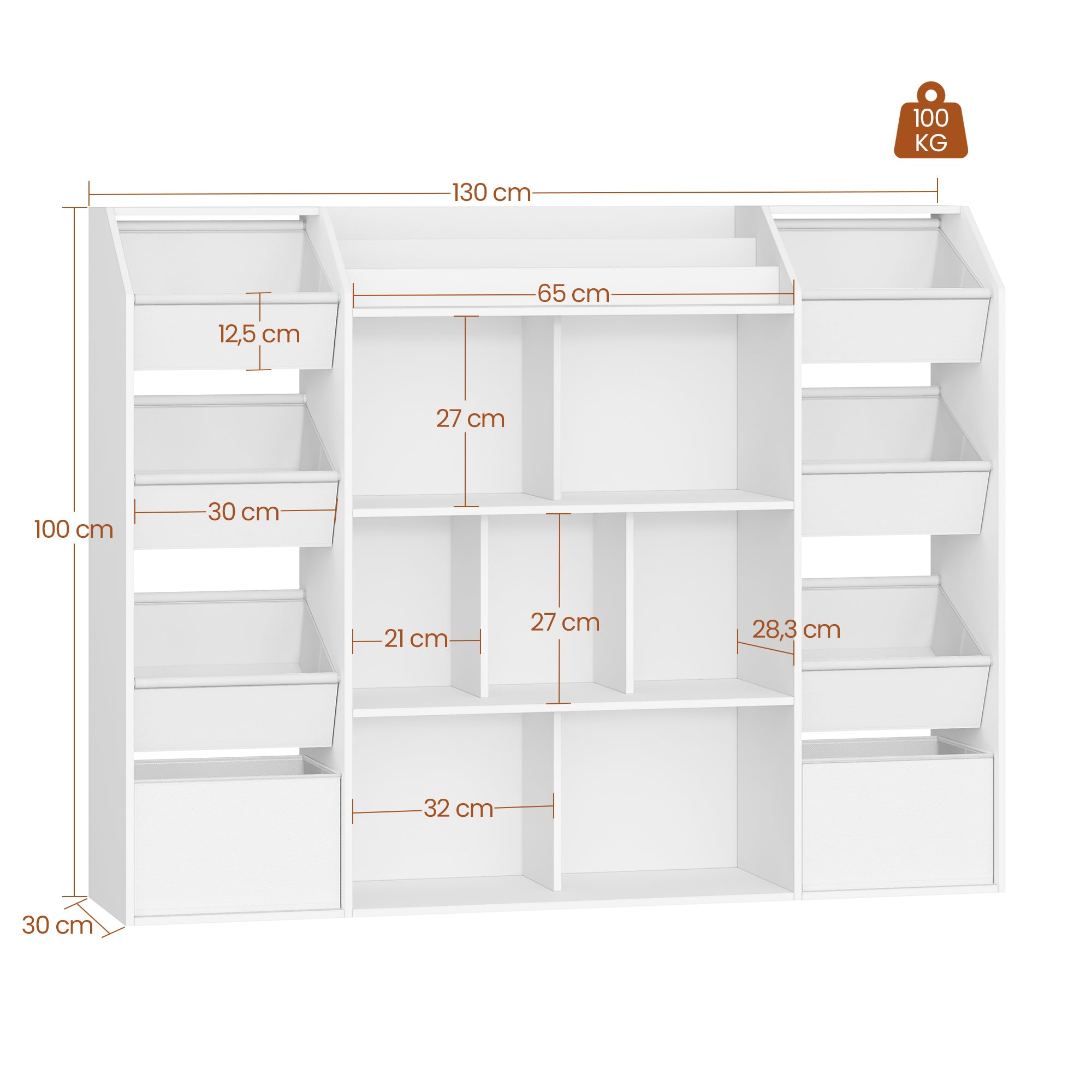 HEXCELEN Children's Shelf, Children's Shelf with 8 Fabric Drawers, Children's Bookcase, Toy Shelf for Children's Room, Living Room, Study, White, 30 x 130 x 100 cm 614203W