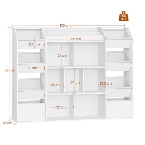 HEXCELEN Children's Shelf, Children's Shelf with 8 Fabric Drawers, Children's Bookcase, Toy Shelf for Children's Room, Living Room, Study, White, 30 x 130 x 100 cm 614203W