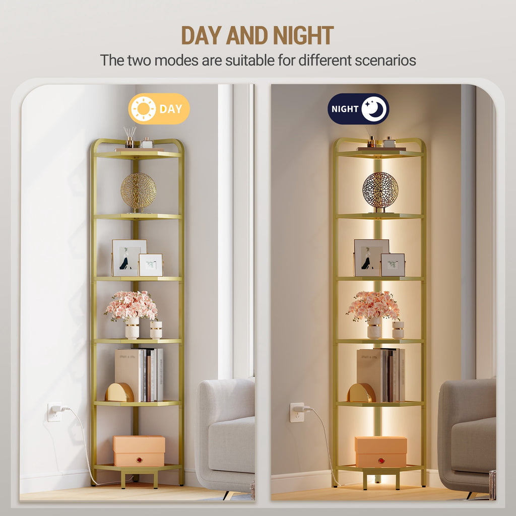 Corner Shelf 6-Tier with LED Lighting, Modern Glass Bookshelf Bookcase with Steel Frame for Living Room Bedroom Game Room, Gold