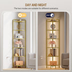 Corner Shelf 6-Tier with LED Lighting, Modern Glass Bookshelf Bookcase with Steel Frame for Living Room Bedroom Game Room, Gold