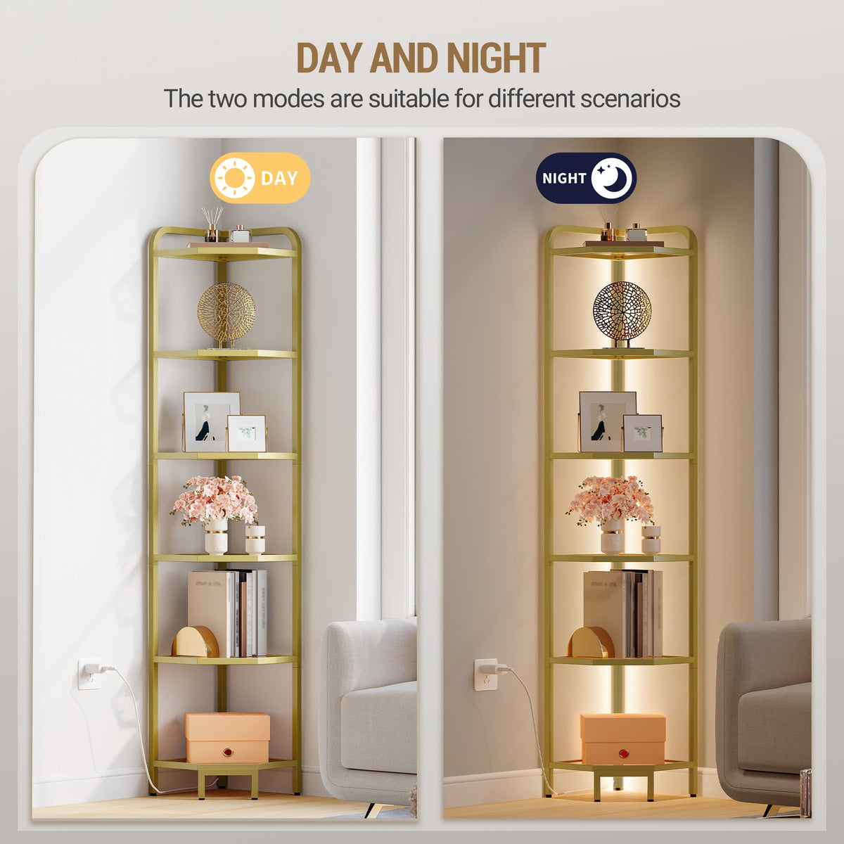 Corner Shelf 6-Tier with LED Lighting, Modern Glass Bookshelf Bookcase with Steel Frame for Living Room Bedroom Game Room, Gold
