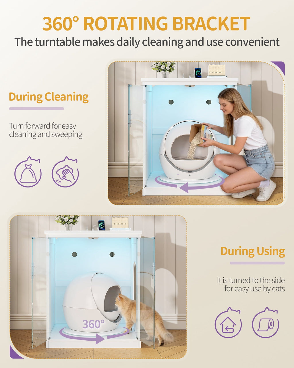 Hzuaneri Extra Large Cat Litter Box Enclosure, Self-Cleaning Hidden Cabinet with Glass Door and RGB Light, Modern,White