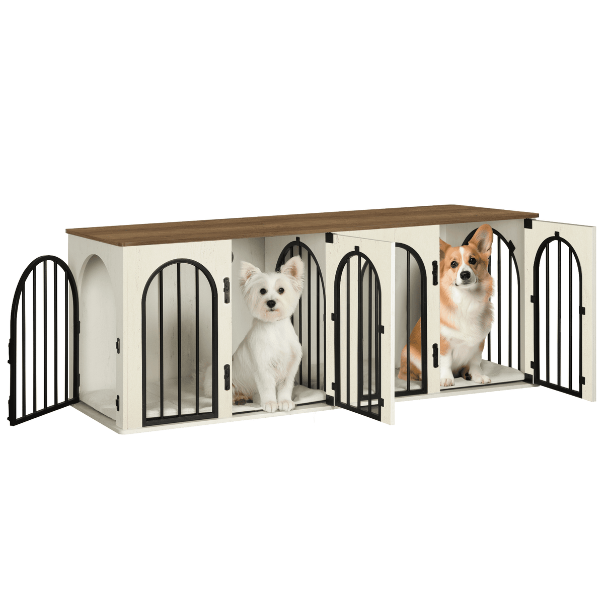 Hzuaneri Dog Crate Furniture for 2 Dogs, 63" Large Dog Kennel with Divider and Cushion for Medium Large Dogs, Double Dog Crate Furniture TV Stand, White Brown