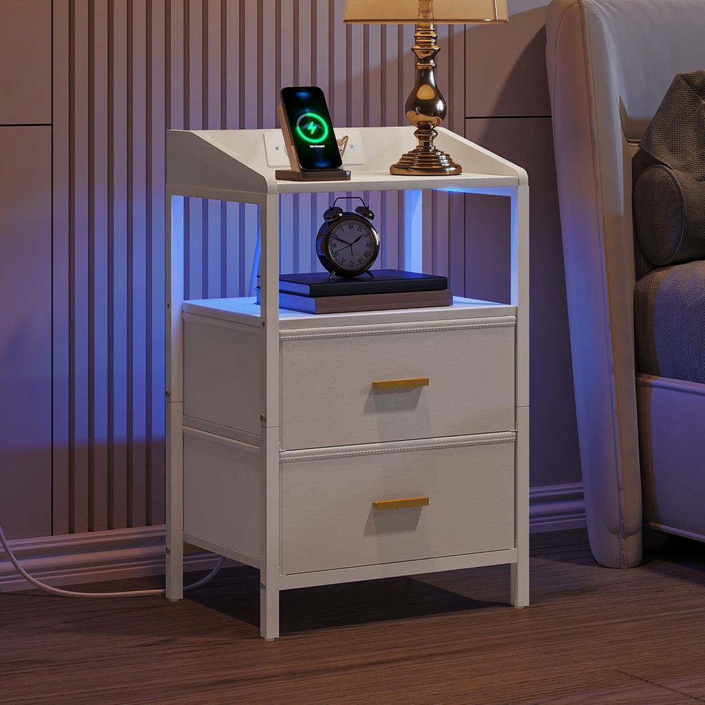 Hzuaneri Bedside Table Set of 2 with LED Lights & Charging Station, USB Ports & Outlets, White