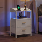Hzuaneri Bedside Table Set of 2 with LED Lights & Charging Station, USB Ports & Outlets, White