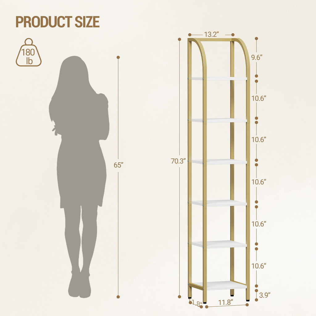 Hzuaneri Bookshelf Bookcase Narrow Bookcase Shelf Organizer with Steel Frame for Study Living Room Bedroom Kitchen Home Office Industrial Bookshelf 6-Tier White Gold