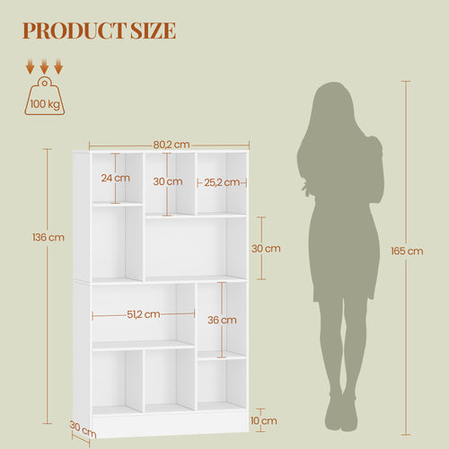 HEXCELEN Bookcase, Bookcase with 10 Compartments, Cube Shelf, Standing Shelf, Office Shelf, Vertical and Horizontal, 2 Types of Placement for Office, Living Room, Bedroom, 30 x 80.2 x 136 cm, Modern White, 641303X