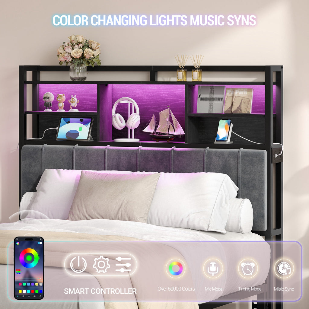 Full Size Headboard with 3-Tier Storage Shelves, Upholstered Headboards 2 Outlets, USB Ports & LED Light, Sturdy and Stable Headboard, White and Gold