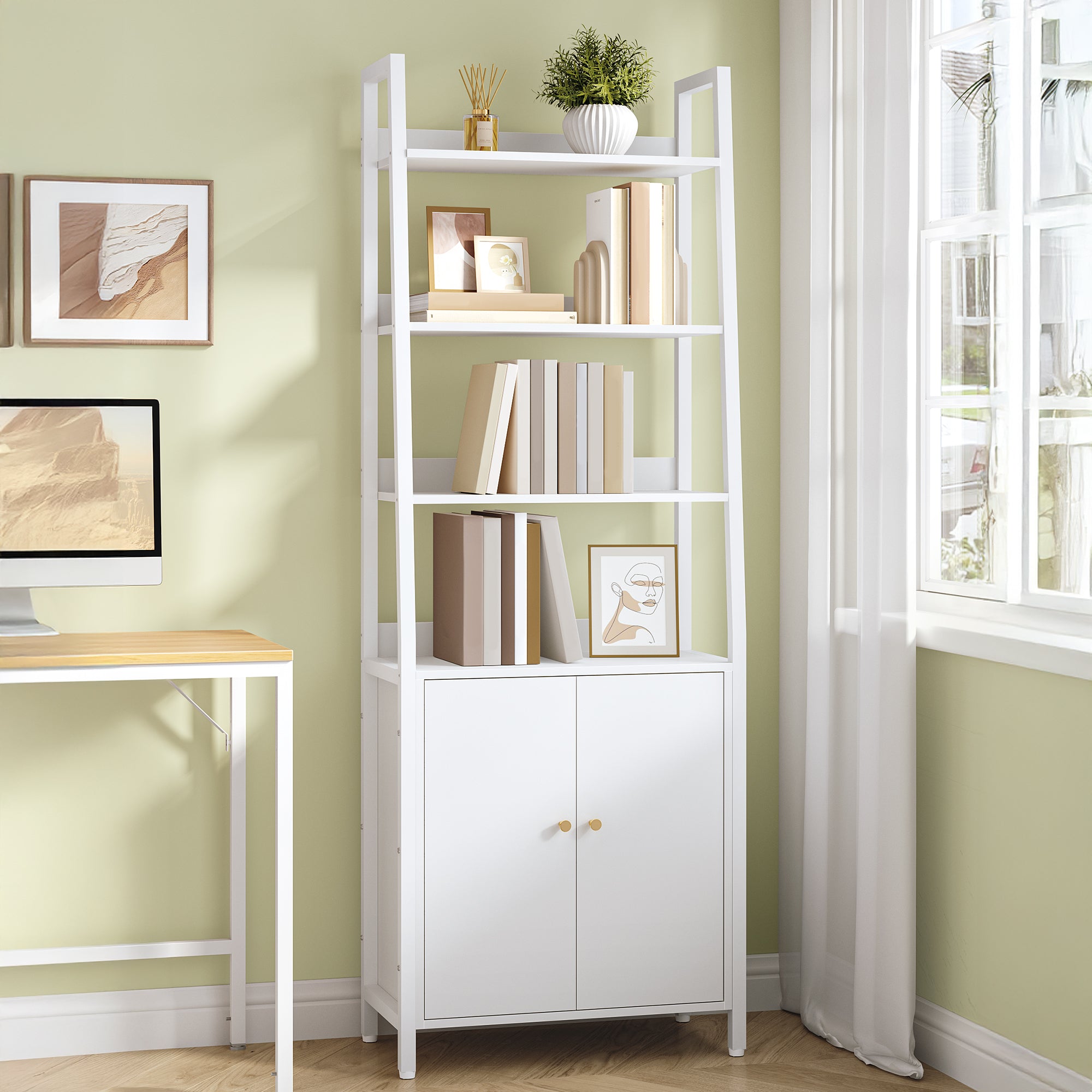 HEXCELEN 6 Tier Bookcase with Doors, Vertical Trapezoidal Bookcase, Bookcases with 4 Open Shelves (Metal Structure), Adjustable Shelves for Bedroom, Living Room, Modern, White, 661603W