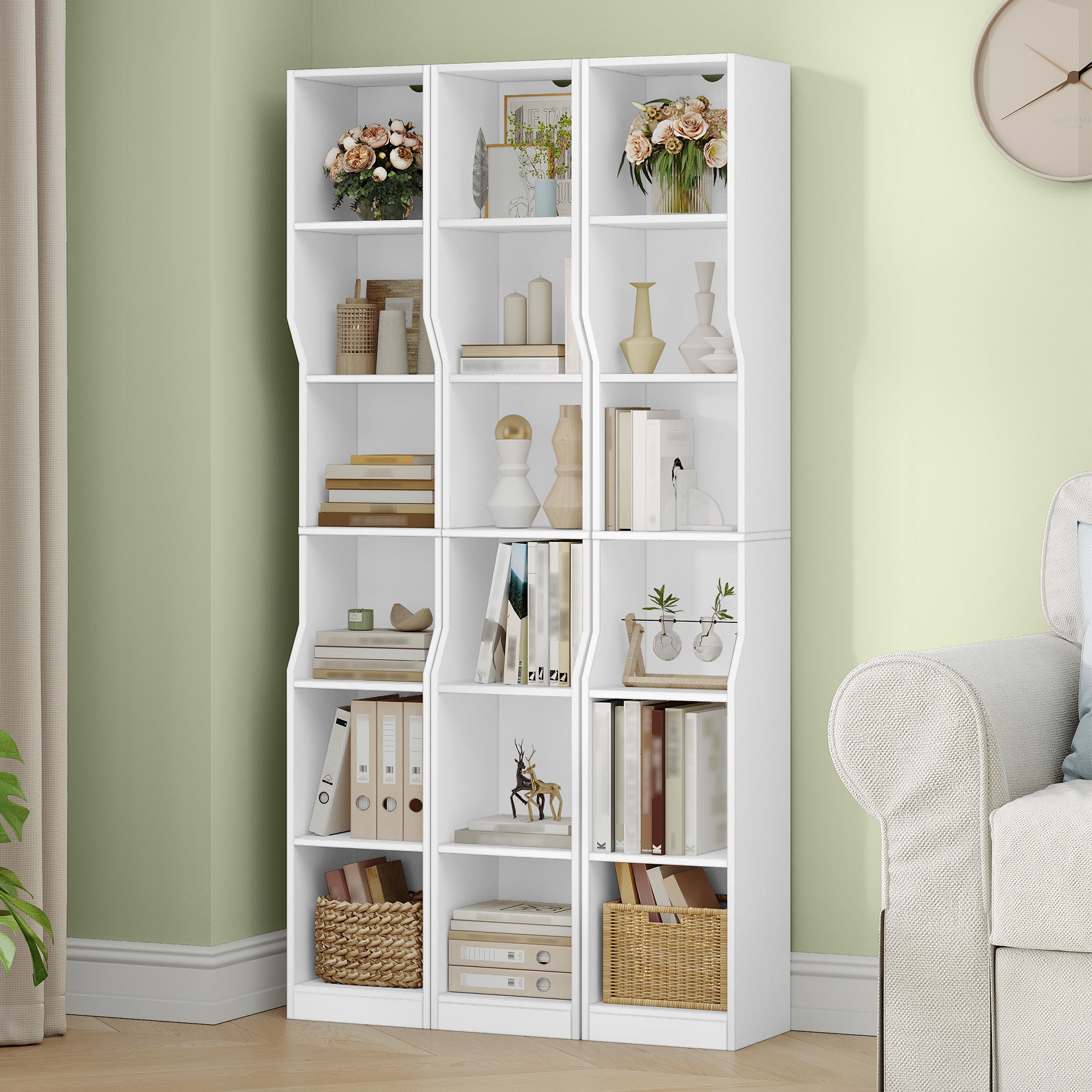 HEXCELEN Bookcase, 6 Tier Vertical Bookcase, Slim Shelf, Standing Shelf, Cube Shelf, Storage Shelf, for Office, Living Room, Bedroom, 28 × 30 × 181 cm, Modern Style, White, 663103X