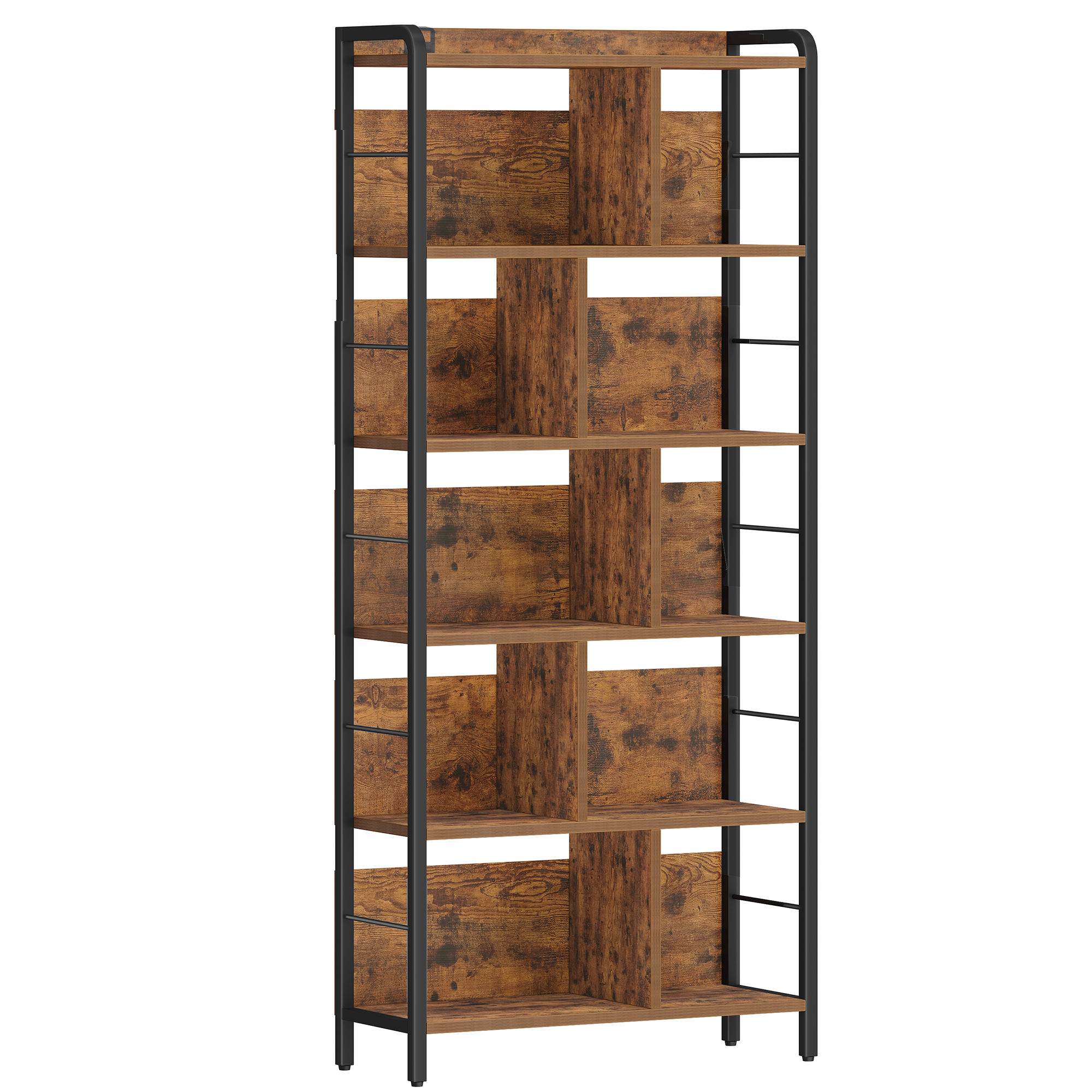 HEXCELEN Bookcase 6 Tiers, Standing Shelf with Metal Frame, Bookcase Industry, Freestanding Shelf, Open Shelves for Study, Office, Living Room, Vintage Brown/Black, 30 x 80 x 186 cm, 668101B