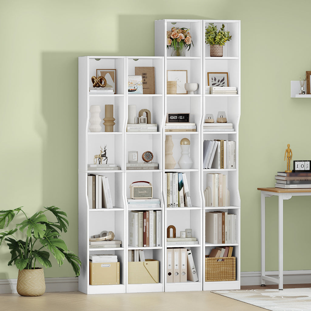 HEXCELEN Bookcase, 7 Tier Vertical Bookcase, Slim Shelf, Standing Shelf, Cube Shelf, Storage Shelf, for Office, Living Room, Bedroom, 28 × 30 × 208.1 cm, Modern Style, White