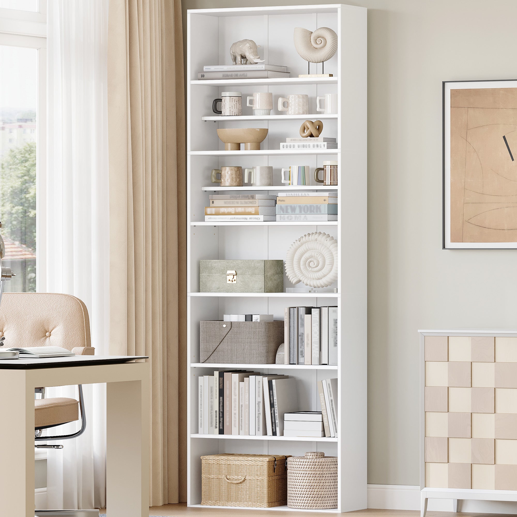 HEXCELEN Bookcase, 7-Tier Bookcase, Standing Shelf, Storage Shelf, Adjustable Panels, for Study, Bedroom, Living Room, White, 24 x 60 x 205 cm