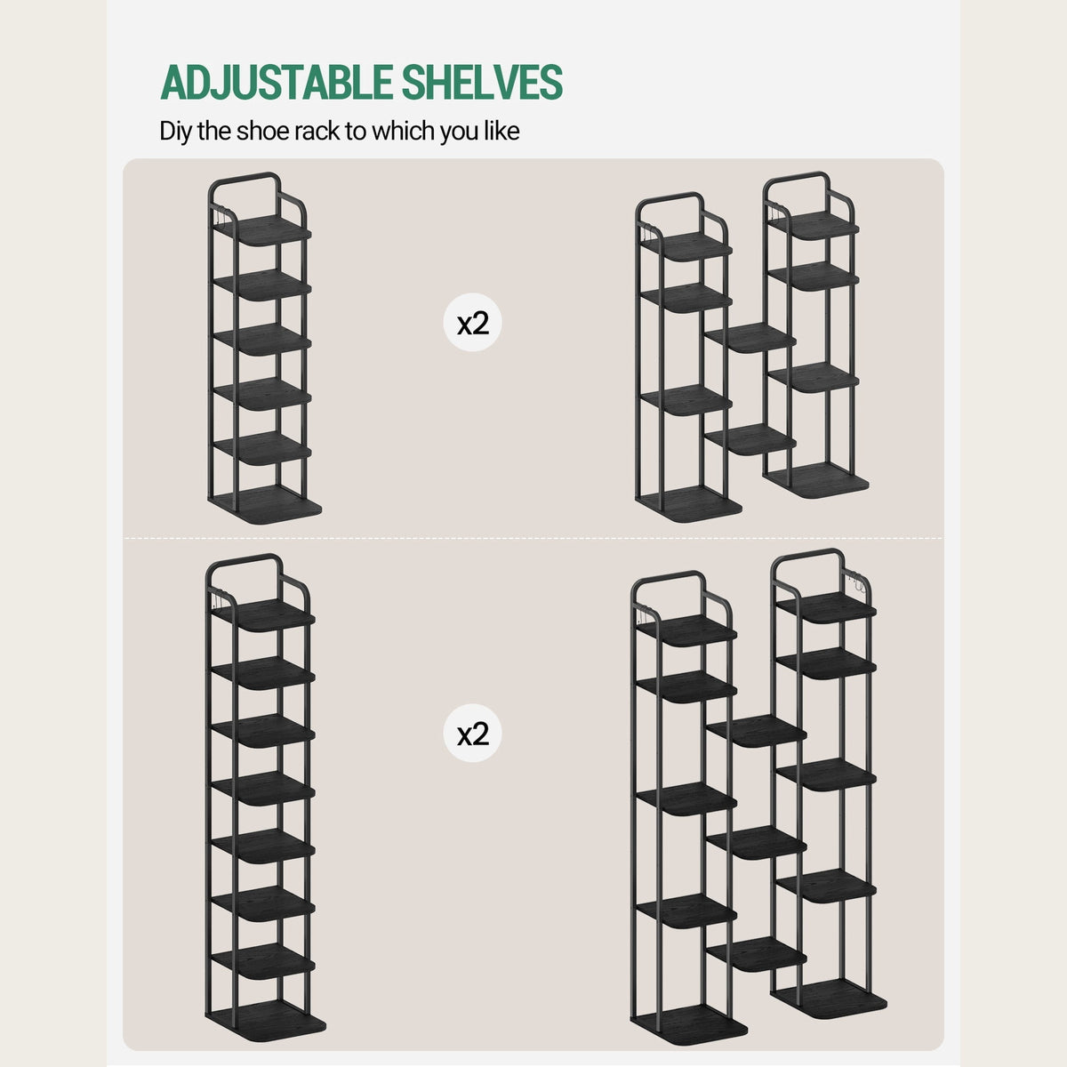 Hzuaneri Vertical Shoe Rack, 8-Tier Narrow Shoe Shelf, Shoe Tower with 2 Hooks, for Small Space, Closet, Entryway, Hallway, Bedroom, Black
