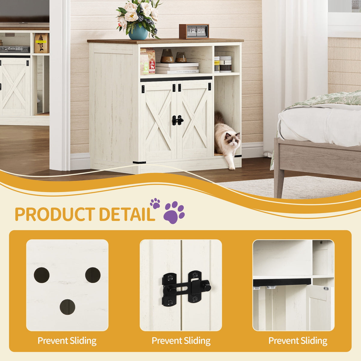 Hidden Cat Litter Box Enclosure with Storage, Wooden Cat Cabinet, TV Stand, Rustic Brown White