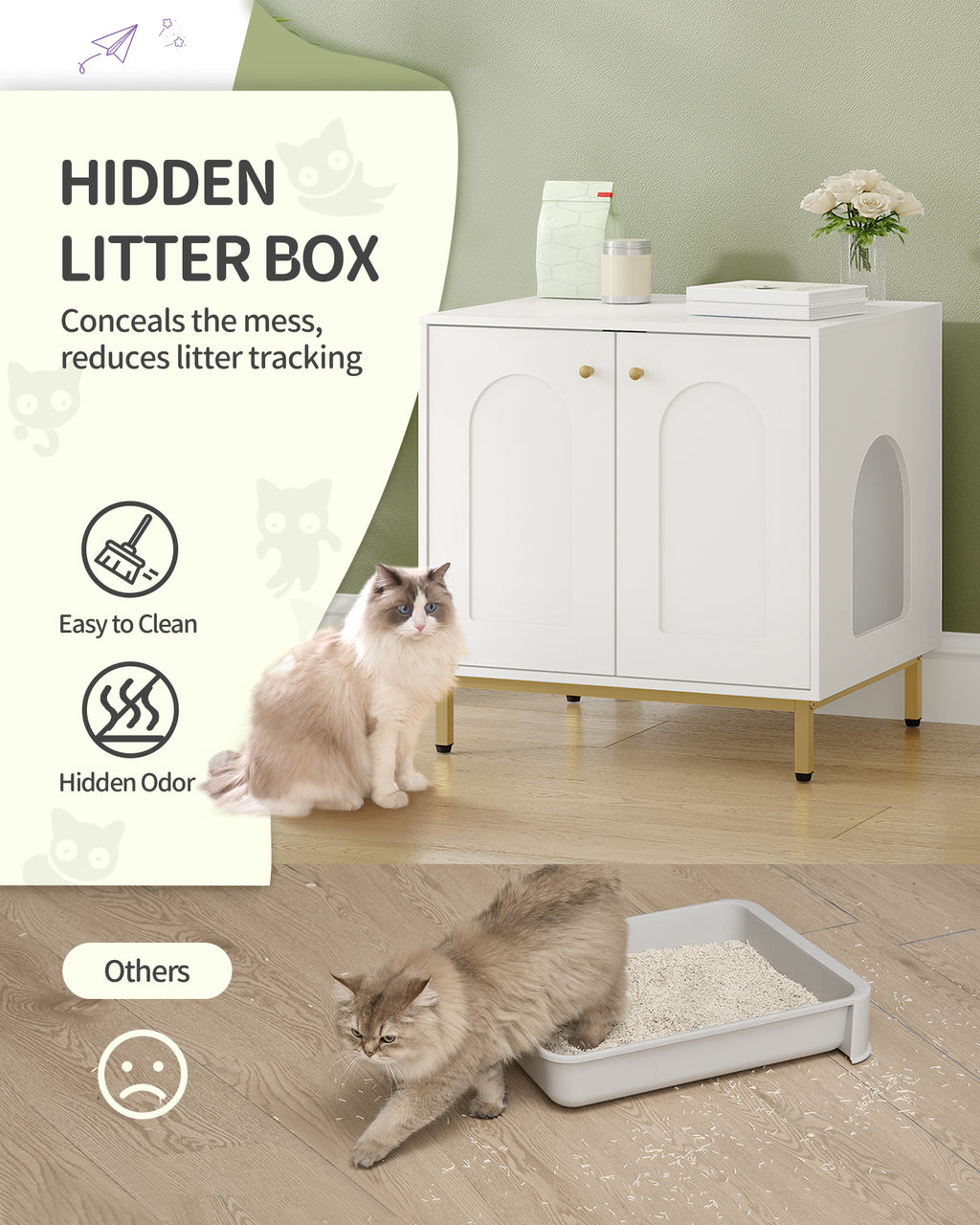 Hzuaneri Cat Cabinet, Cat Litter Box, Cat Toilet Cabinet, Cat House with Door, Wooden Side Table for Pet House White and Gold