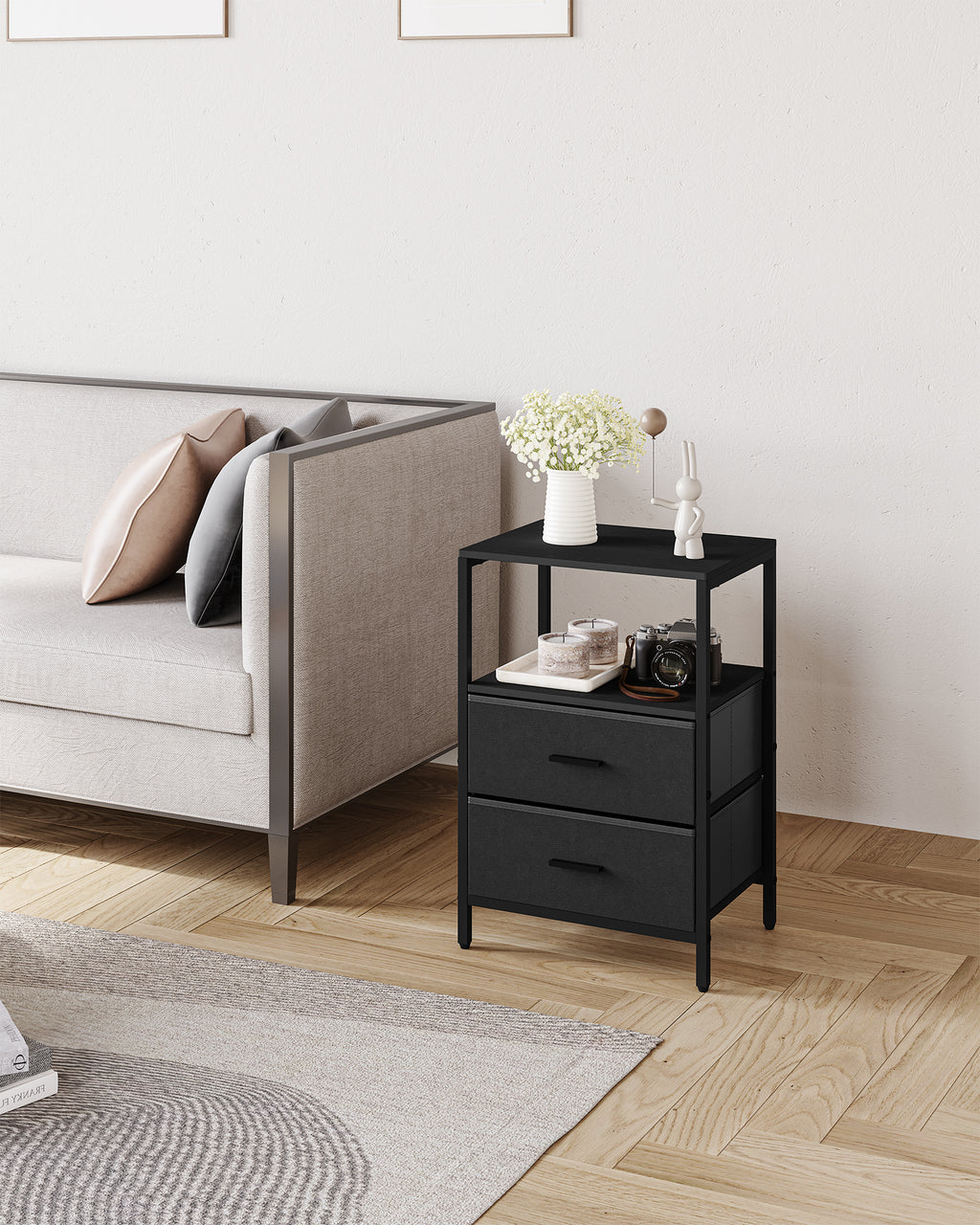 Hzuaneri Bedside Table Set of 2 with 2 Fabric Drawers & Shelf, Nightstand for Bedroom and Living Room, Black