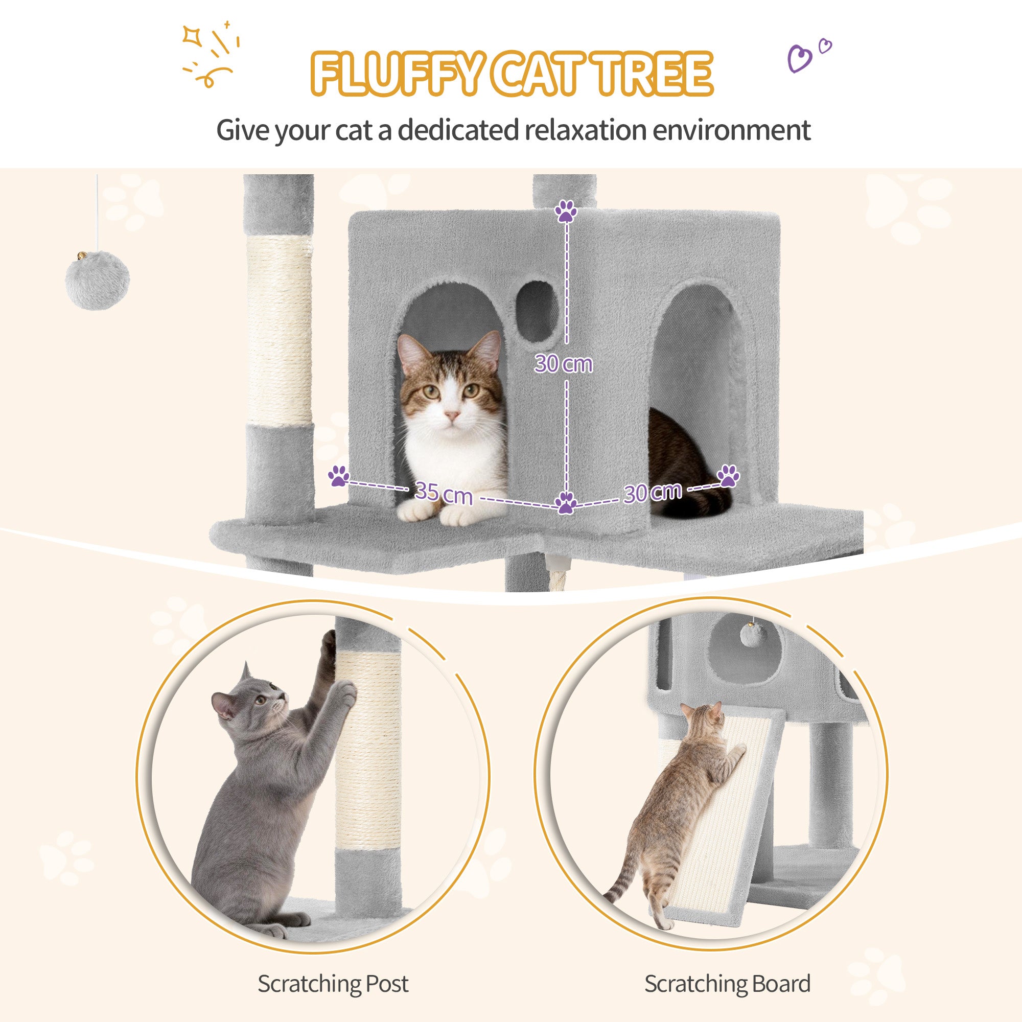 Hzuaneri Cat Tree for Indoor Cats, 174cm Cat Tower for Large Cats, 2 Platforms, 2 Caves, 4 Sisal Posts, Scratching Board, Cat Basket, Sisal Rope, Heavy-Duty for multiple cats, Light Grey MS17418LG