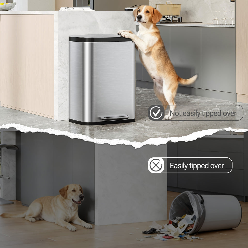 Hzuaneri 50L Kitchen Bin, Steel Pedal Bin with Soft-Close Lid, Inner Bucket, with 15 Bin Bags, Soft Close and Stay Open, Silver SW15099E
