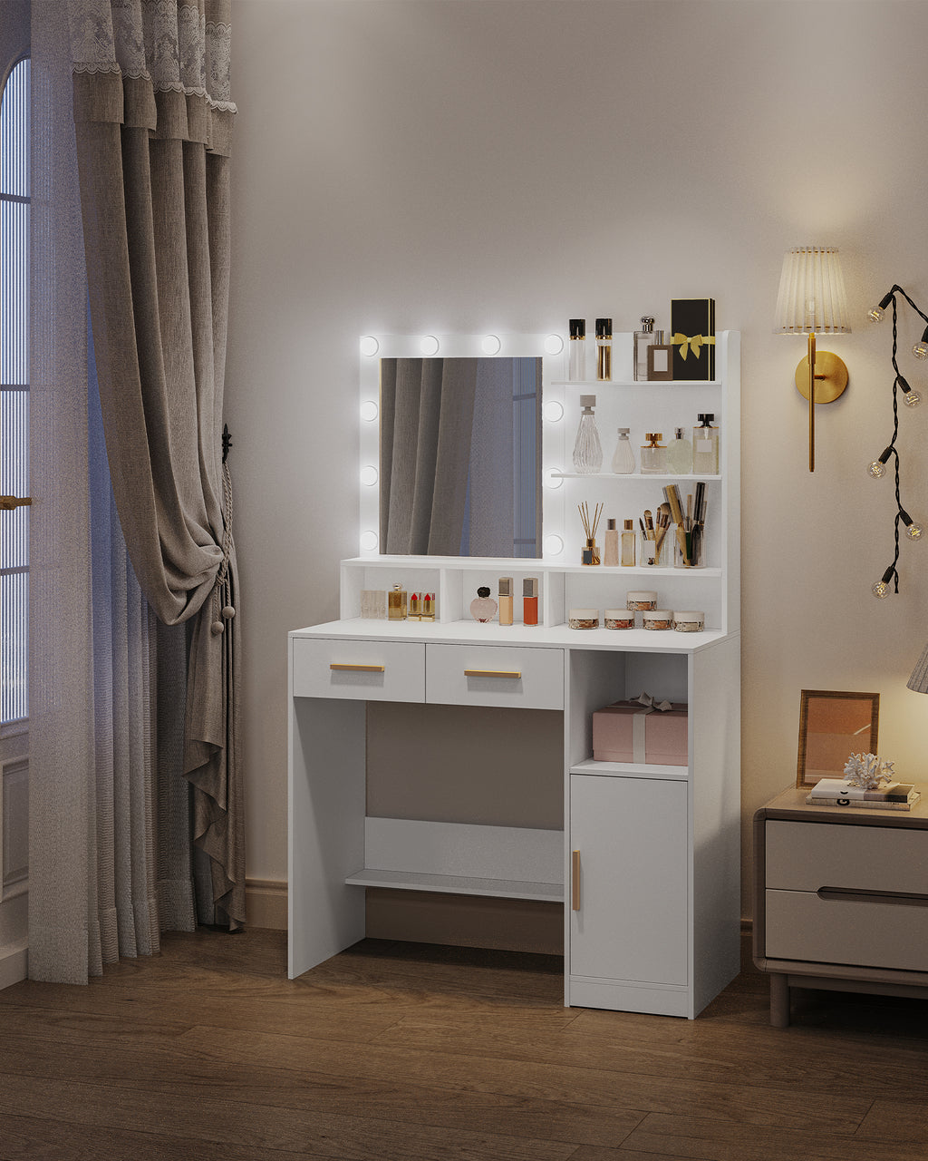 Hzuaneri Dressing Table With LED Lights Mirror Adjustable Brightness hzuaneri-dressing-table-with-led-lights-mirror-adjustable-brightness