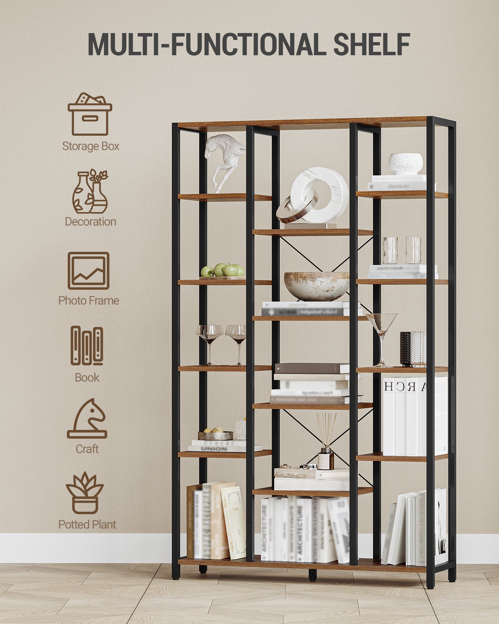 Hzuaneri  6-Level Bookshelf with 15 Adjustable Shelves, Vintage Brown-Black, 30 x 100 x 170 cm