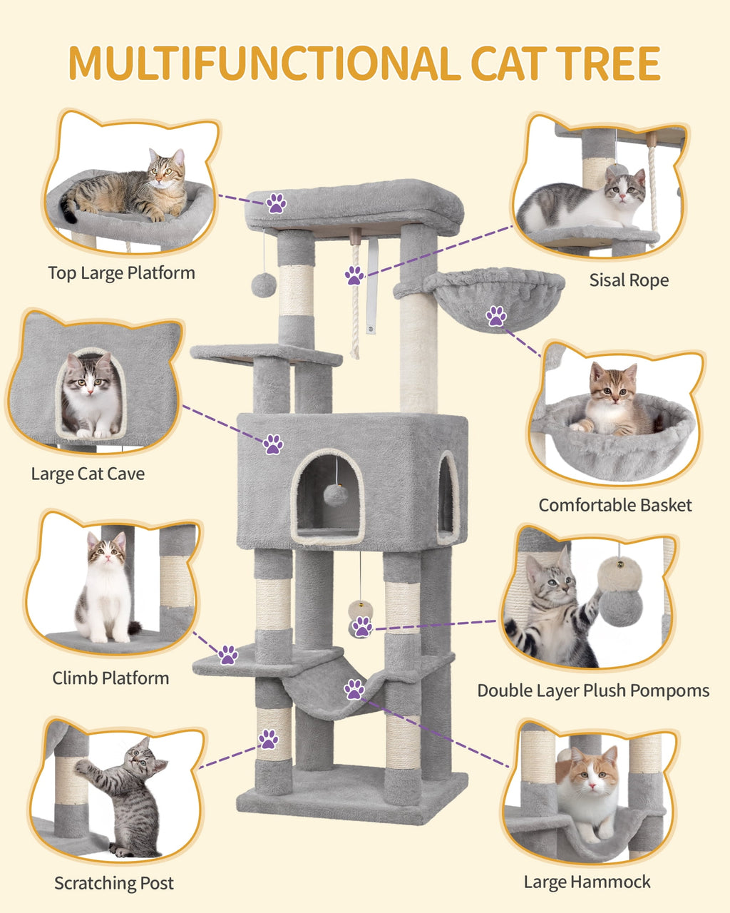 Cat Tree, 58.7‑Inch Tall Multi‑Level Cat Tower for Indoor Cats with Scratching Posts, Hammock and Cat Cave, Light Gray