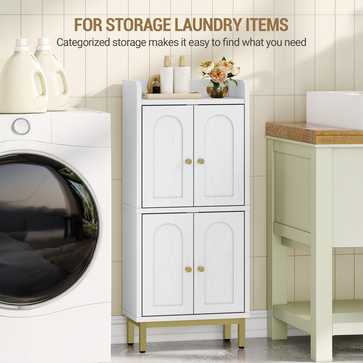 Hzuaneri Bathroom Storage Cabinet, 32.7" H Freestanding Multi‑Room Floor Organizer with 4 Doors & Adjustable Feet for Living Room, Kitchen & Compact Spaces, White