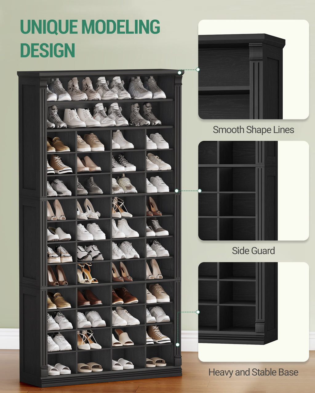 Hzuaneri Shoe Storage Cabinet, 13 Tier Tall Shoe Cabinet with Cubby, Wooden Shoe Rack Organizer, 52 Pairs, for Entryway, Hallway, Bedroom, Black