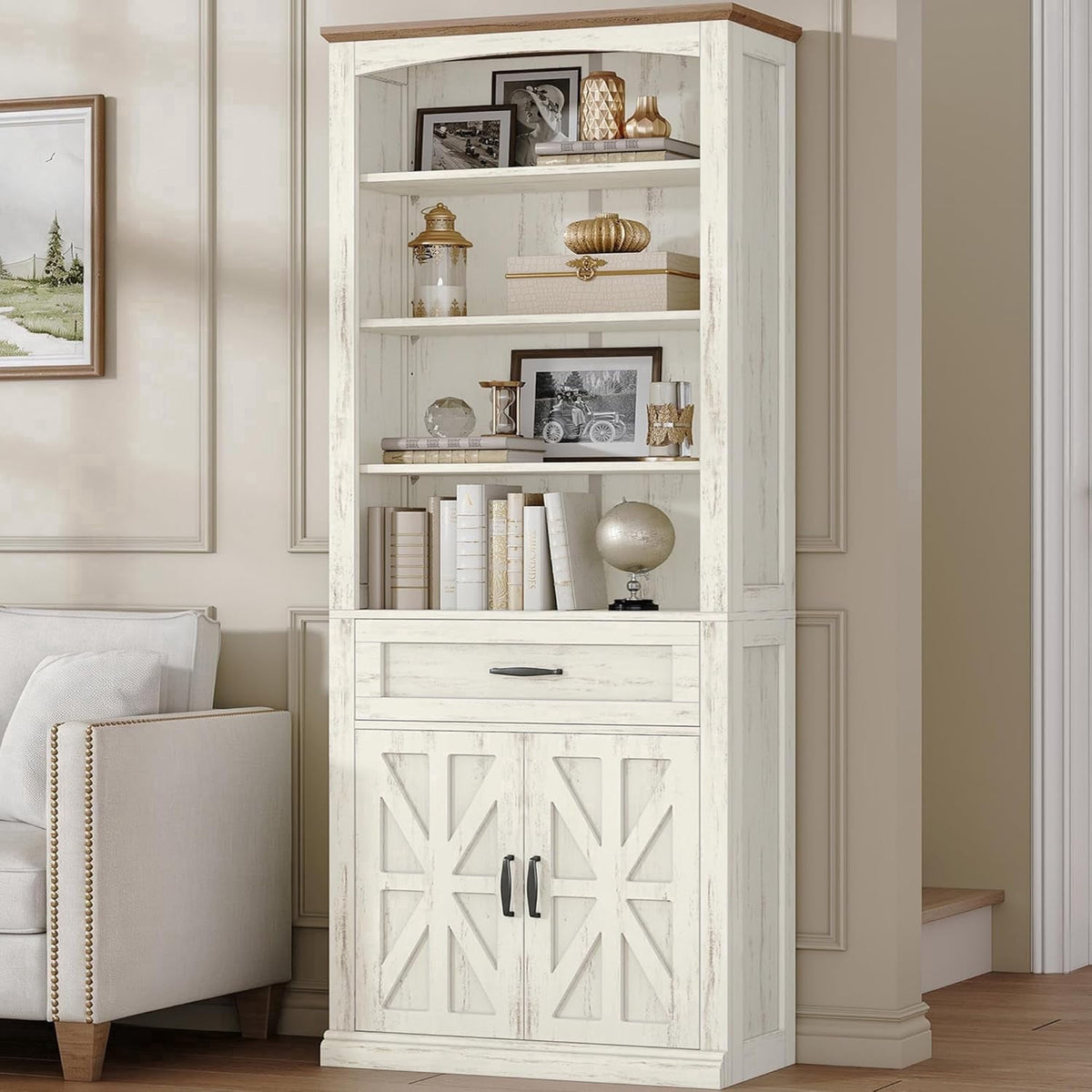 Hzuaneri 70.9" H Tall Bookshelf with a Drawer, 7 Tier Freestanding Bookcase with Storage Cabinet and 2 Doors, Adjustable Shelves, for Home Office, Living Room, White and Brown