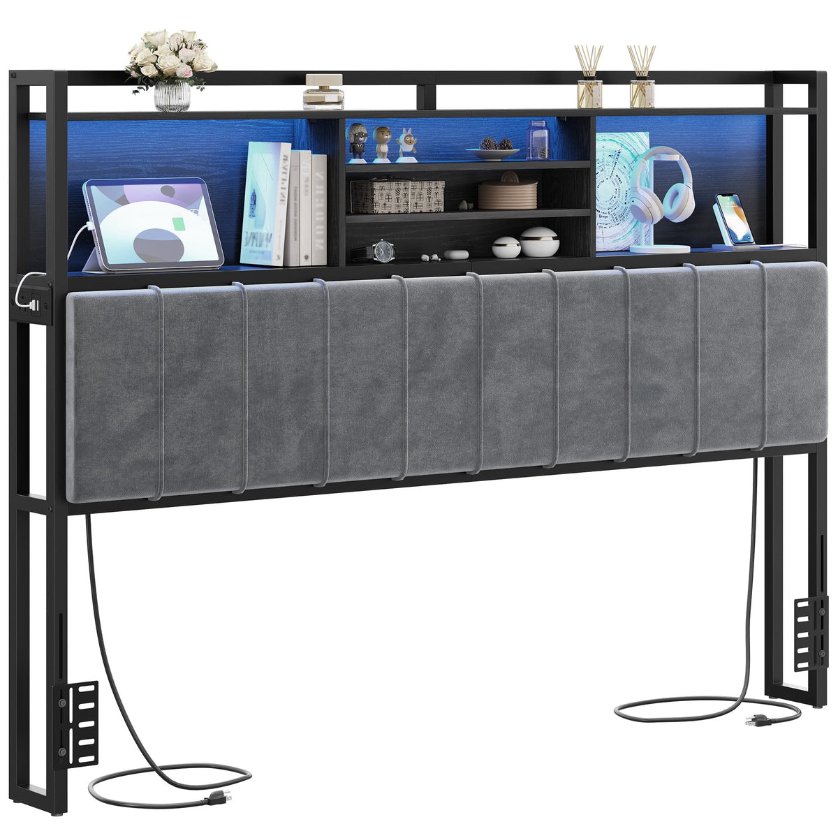 King Size Headboard with 3-tier Storage Shelves, Soft Velvet Upholstery, 2 Power Outlets, USB Ports & LED Lights, Comfy Backrest, Black