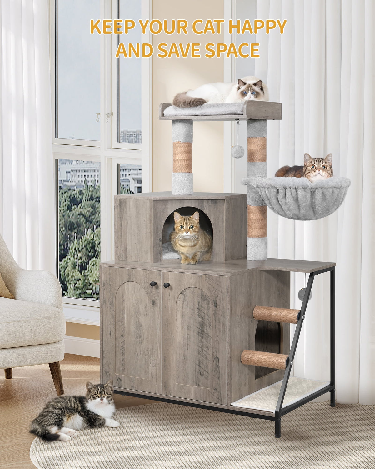4-in-1 Cat Litter Box Enclosure Cat Tree, Platform, Scratcher, Stairs,Greige with Platform, Scratching Posts, Washable Removable Cushion, Greige