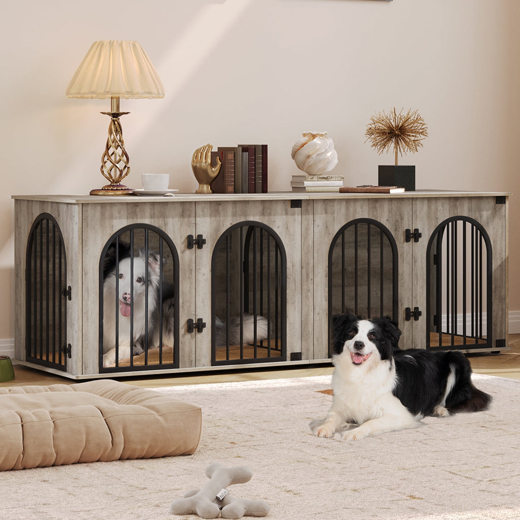 Hzuaneri 71" Dog Crate Furniture for 2 Dogs, Heavy Duty Wooden Kennel for Medium Large Dogs with Divider,Greige Black
