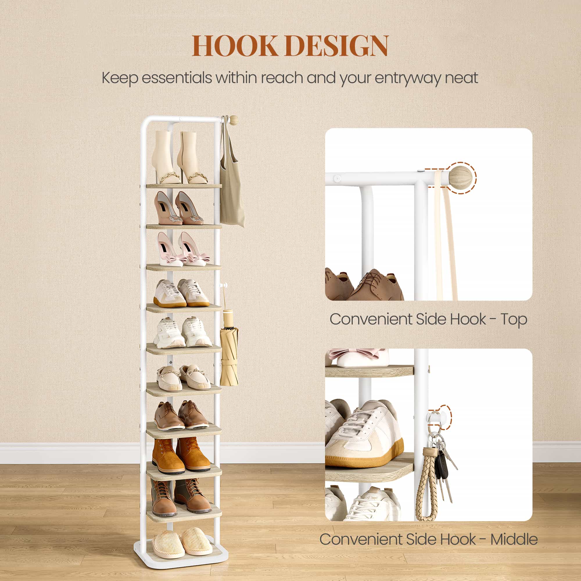 HEXCELEN Shoe Rack, 10-Tier Shoe Rack, Narrow Vertical Shoe Rack, Adjustable Shelf, for Entryway, Living Room