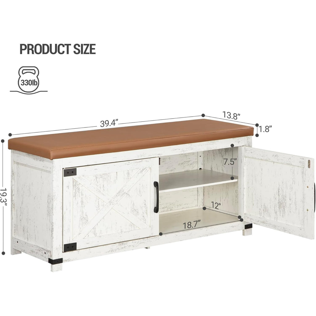 Hzuaneri 39.4" Shoe Storage Bench with Padded Seat and Barn Doors for Entryway, Shoe Rack Bench with Adjustable Shelf, Antique White