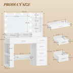 Hzuaneri Makeup Vanity Desk, 43"W Vanity Table with 3-Color LED Mirror & Power Outlet, 5 Drawers & 3 Open Shelves, Makeup Desk for Girls Bedroom, White