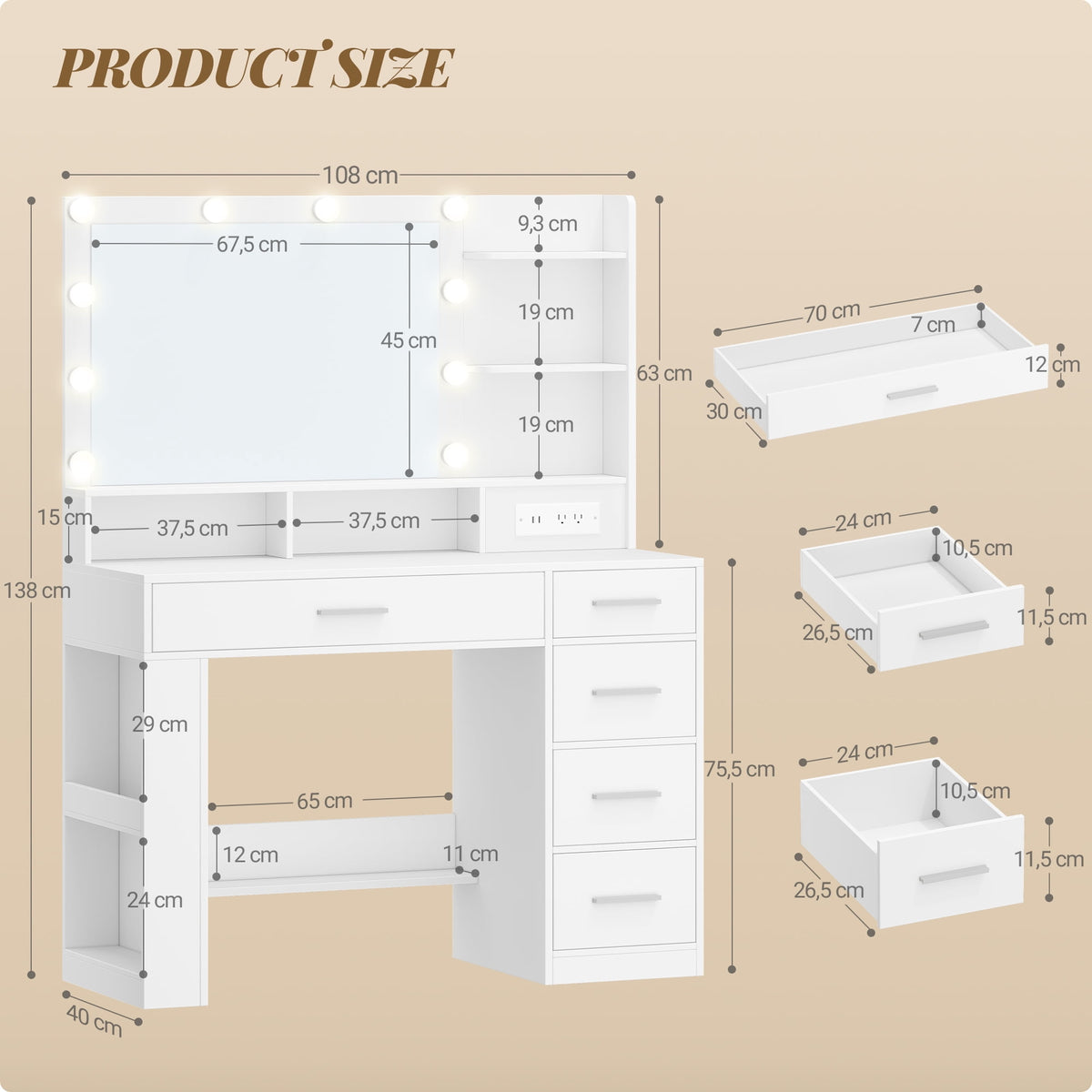 Hzuaneri Makeup Vanity Desk, 43"W Vanity Table with 3-Color LED Mirror & Power Outlet, 5 Drawers & 3 Open Shelves, Makeup Desk for Girls Bedroom, White