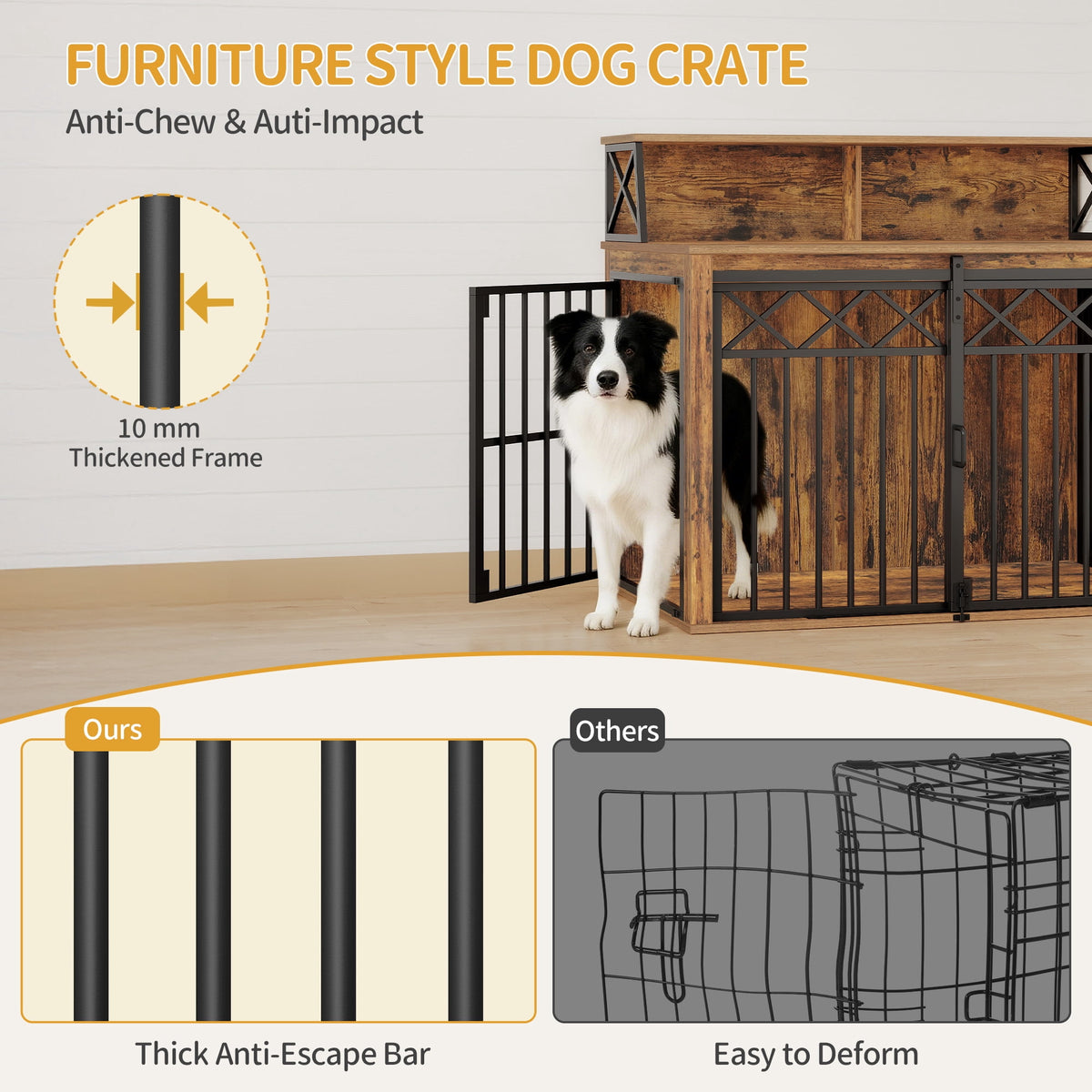39.4" Large wooden dog crate, Indoor Dog Kennel with Barn Door for Medium/Large Dogs, 3 Doors dog Crate Furniture with Storage, Rustic Brown