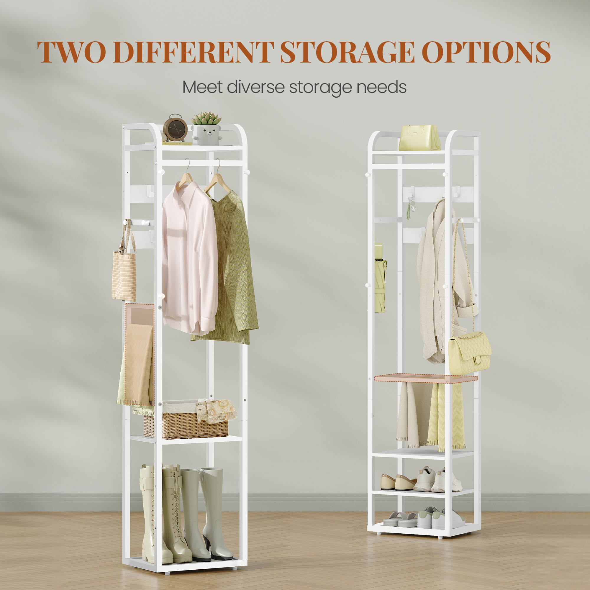 HEXCELEN Coat Rack, Clothes Rack with 4 Shelves and 13 Hooks, Storage Rack with Reversible Shelves, Wardrobe 30 x 40 x 186 cm, for Bedroom, Living Room, Hallway, White 734103W