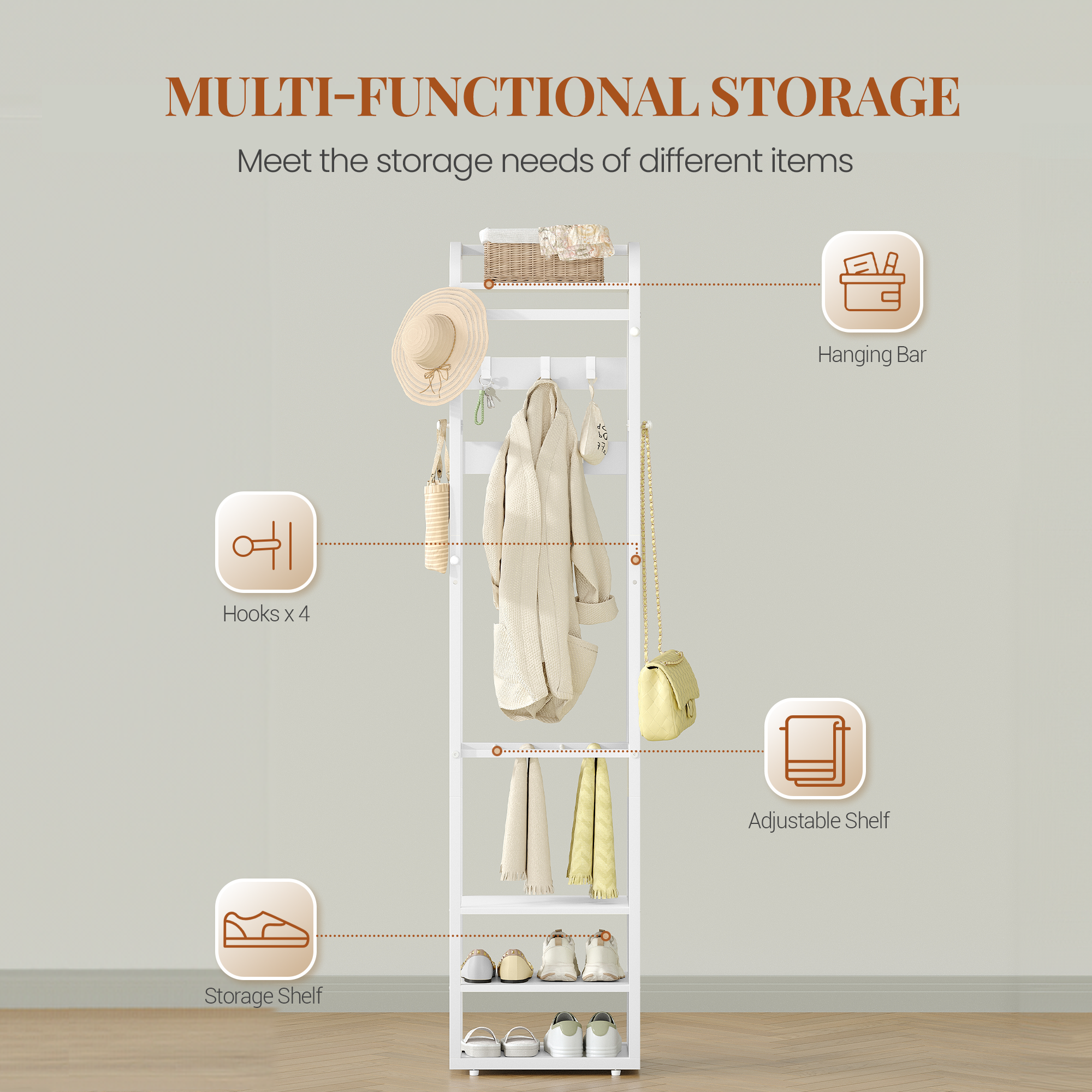 HEXCELEN Coat Rack, Clothes Rack with 4 Shelves and 13 Hooks, Storage Rack with Reversible Shelves, Wardrobe 30 x 40 x 186 cm, for Bedroom, Living Room, Hallway, White 734103W