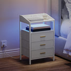 Hzuaneri Bedside Table Set of 2 with LED Lights & Charging Station, 3 Fabric Drawers, USB Ports & Sockets, White