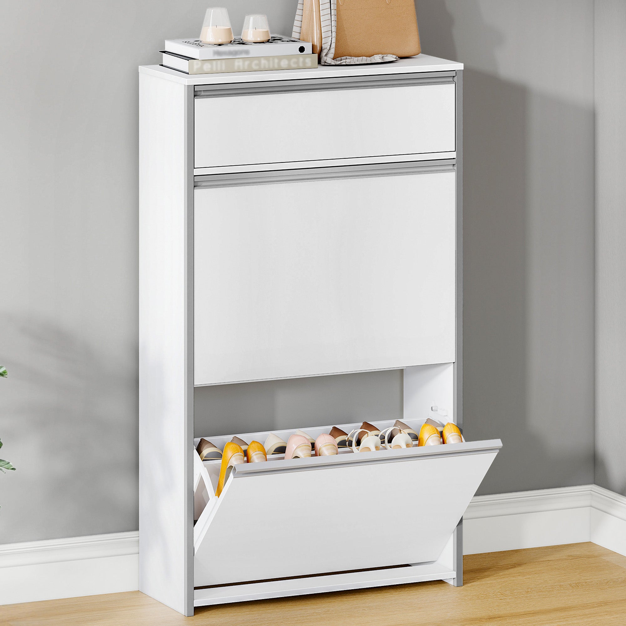 HEXCELEN Narrow Shoe Cabinet with 2 Hinged Doors, Shoe Cabinet, Shoe Rack with Drawer, Narrow Shoe Chest with 4 Shelves, Adjustable, for Hallway, Entrance, 60 x 24 x 104.5 cm, Silver,7601003W