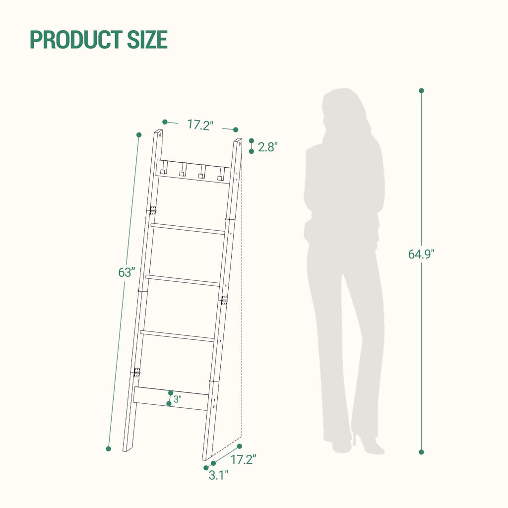 Hzuaneri Blanket Ladder for Living Room, 5-Tier Farmhouse Ladder Holder with 4 Hooks, 5ft 3 inch Rustic Decorative Farmhouse Blanket Holder Rack Easy Assembly - Rustic Brown