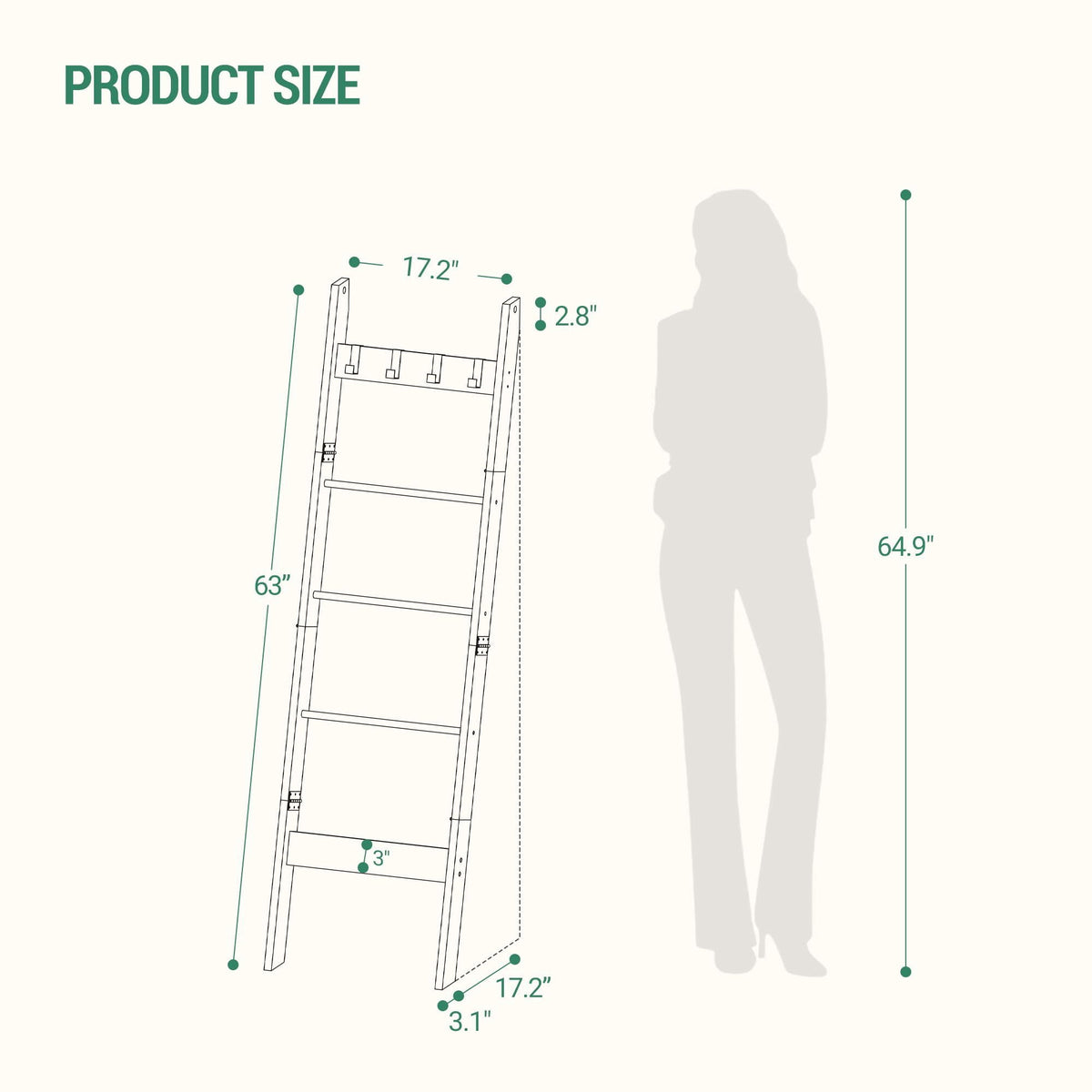 Hzuaneri Blanket Ladder for Living Room, 5-Tier Farmhouse Ladder Holder with 4 Hooks, 5ft 3 inch Rustic Decorative Farmhouse Blanket Holder Rack Easy Assembly - Rustic Brown
