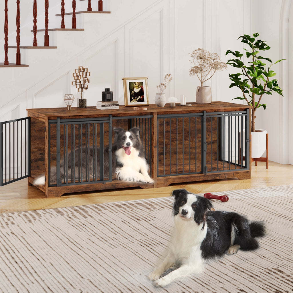 Hzuaneri 78" Large Double Dog Crate Furniture, Indoor Dog Kennel Furniture for 2 Dogs with Divider, Dual Sliding Barn Doors, Heavy Duty Dog Cage Furniture as TV Stand, Rustic Brown