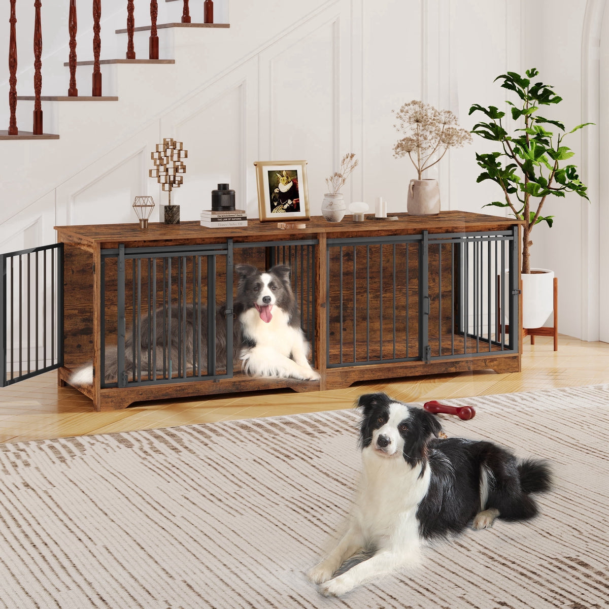 Hzuaneri 78" Large Double Dog Crate Furniture, Indoor Dog Kennel Furniture for 2 Dogs with Divider, Dual Sliding Barn Doors, Heavy Duty Dog Cage Furniture as TV Stand, Rustic Brown