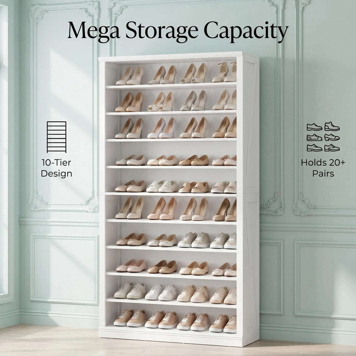 Hzuaneri 71.3"H Large Freestanding Farmhouse Shoe Storage Cabinet, Indoor Entryway & Living Room Shoe Organizer with Adjustable Shelves, 10‑Tier Shoe Cubby Unit Holds 46‑50 Pairs as Home Storage Furn